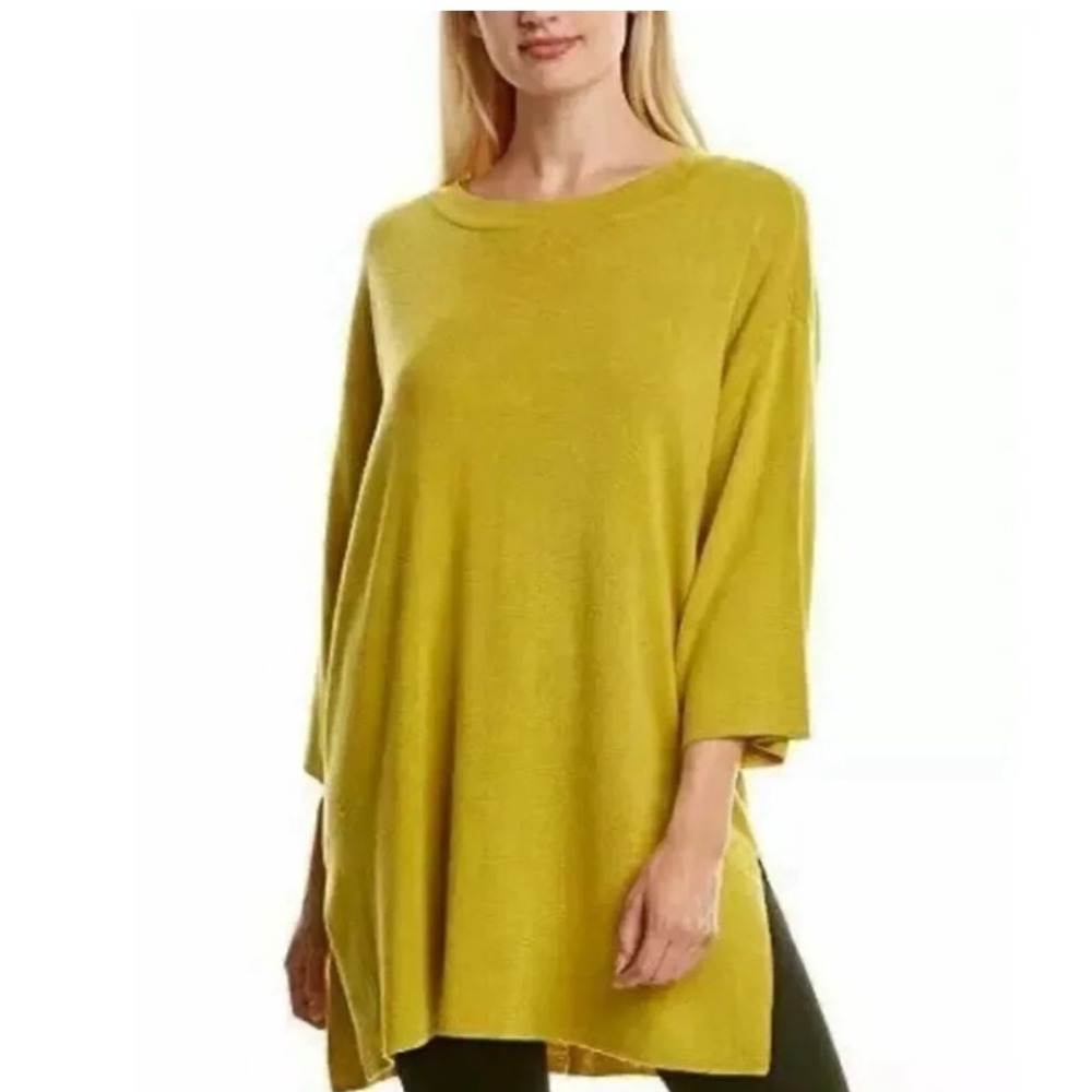 Eileen Fisher Tunic Women XXS/XS Yellow Cotton Silk 3/4 Sleeve Lagenlook Minimal